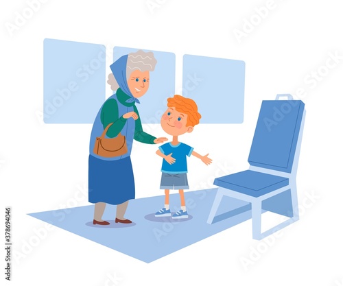 Good child offering seat in transport for grandmother. Courteous kind kid standing, helping with seating for old woman in transport. Manners and respect vector illustration