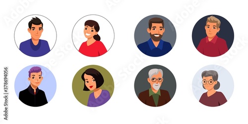 Profiles of people in circles. Online dating app users or job candidates, list of students or workers on white background. Finding soulmate or employment concept vector illustration