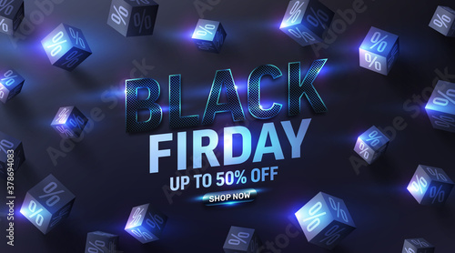Special offer Black friday Sale Poster with 3d black cubes of percents on dark background for Retail,Shopping or Promotion in black style.Vector illustration EPS10