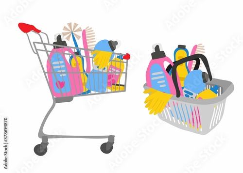 Shopping trolley and basket full of cleaning supplies,sponge for washing dishes and household chemicals for kitchen or toilet, spray and soap. Department store goods flat vector cartoon illustration