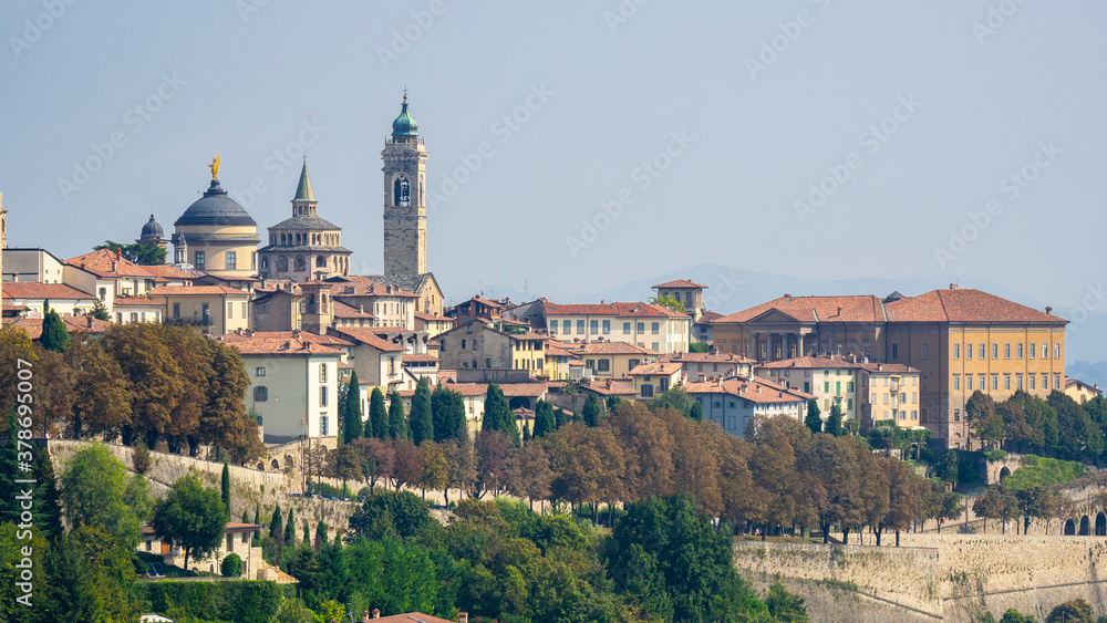 Bergamo. One of the beautiful city in Italy. Lombardia. Amazing landscape at the old town from the surrounding hills. Touristic destination. Best of Italy