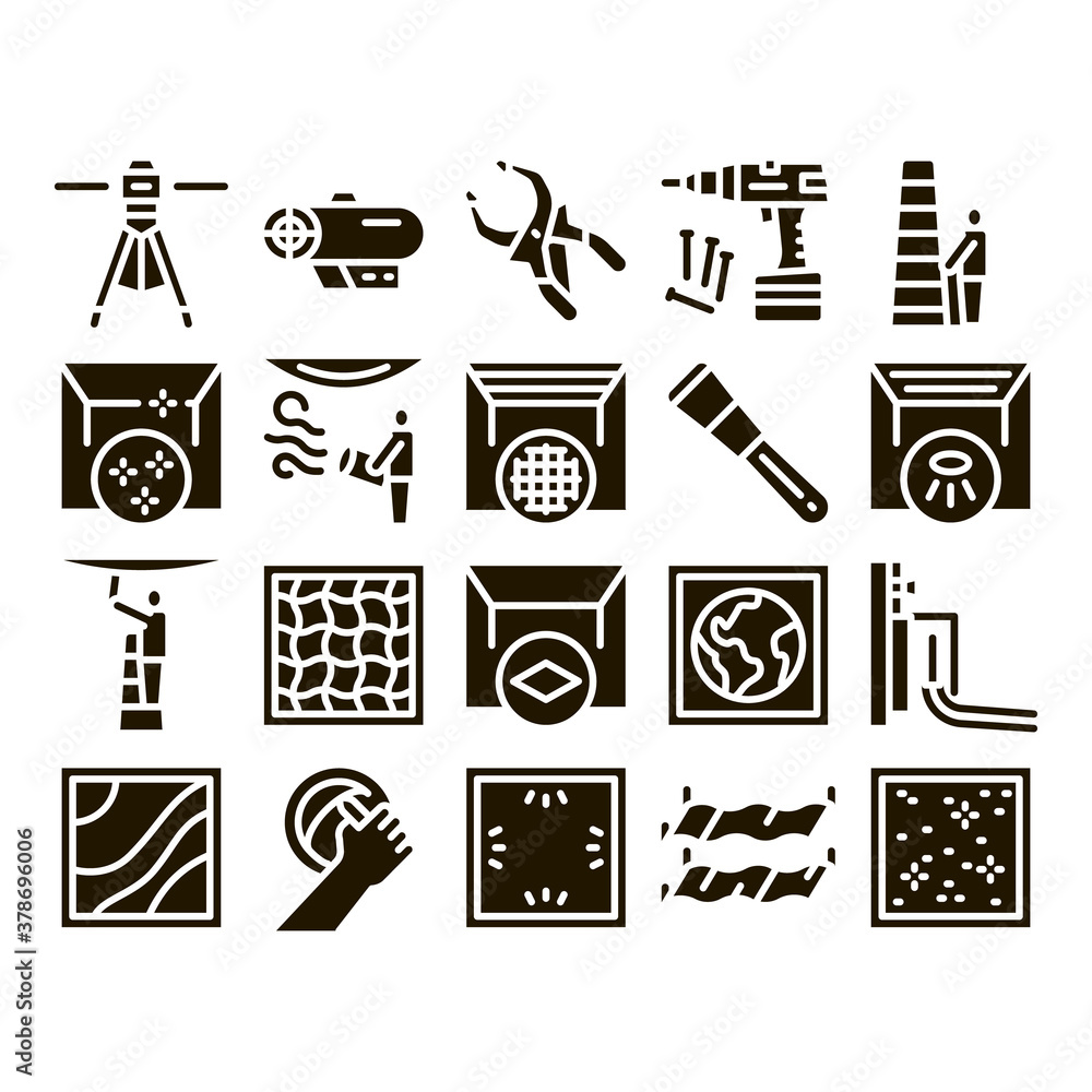 Fototapeta premium Stretch Ceiling Tile Glyph Set Vector. Ceiling Material And Photo Layer, Laser And Heating Equipment, Screwdriver And Ladder Glyph Pictograms Black Illustrations