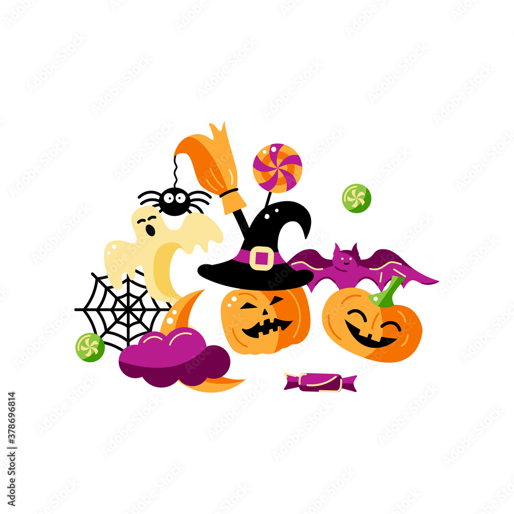 Fototapeta premium Happy Halloween card. Flat style vector illustration. Great for party invitation, flyer, greeting card, print.