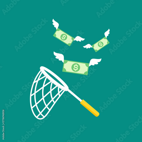 Butterfly net with flying dollar banknotes. Catch, hunt, chase money symbol.