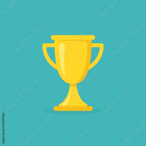 Gold trophy, winning cup isolated on blue background. First place, award bowl.