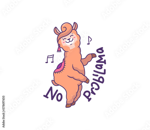 The funny llama dancing on a white background. Cartoonish alpaca