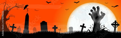 Halloween zombie hand in front of full moon