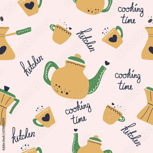 Hand drawn seamless pattern of tea and coffee tools, cups, kettle and coffeepot. Flat illustration with text kitchen and cooking time.  