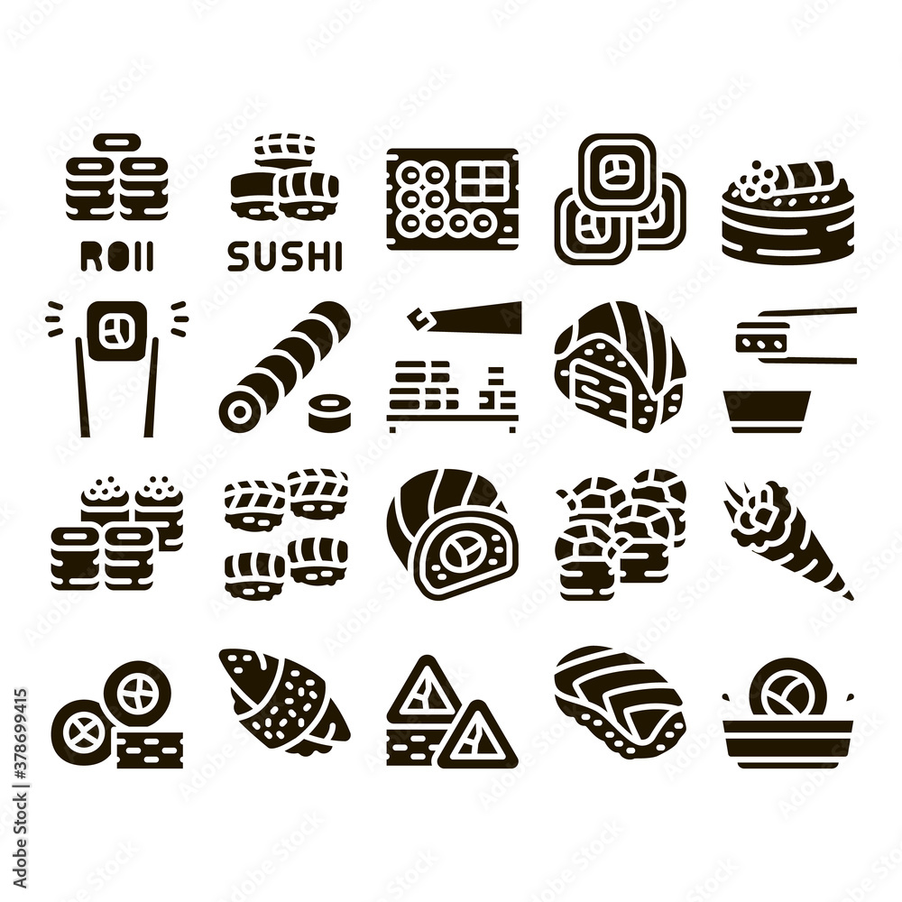 Sushi Roll Asian Dish Glyph Set Vector. Sushi Roll Set Japanese Traditional Food Cooked From Rice And Fish, Shrimp And Cheese Glyph Pictograms Black Illustrations