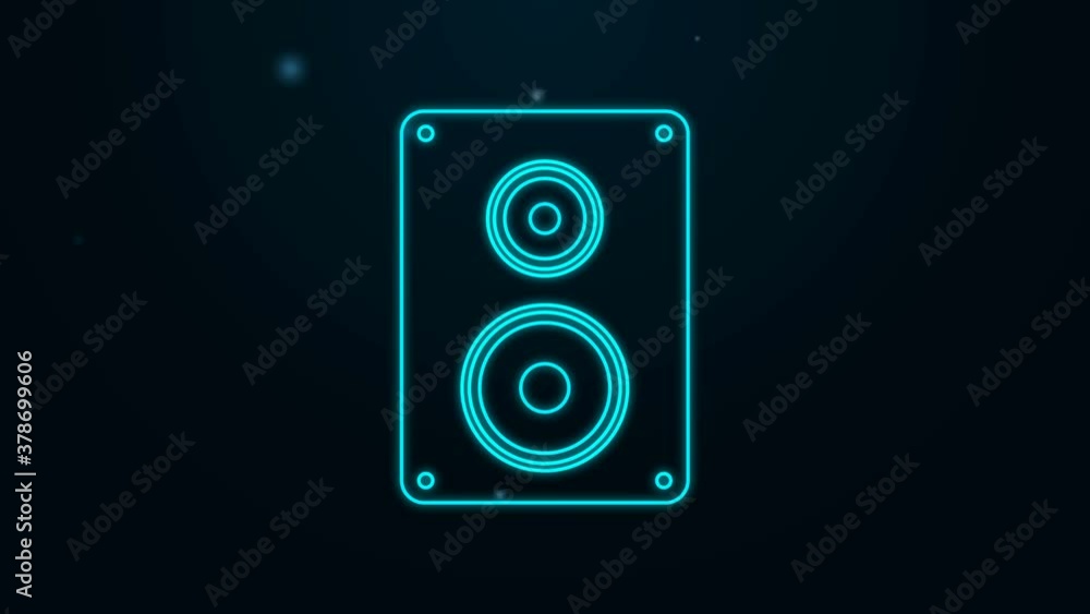 Glowing neon line Stereo speaker icon isolated on black background. Sound system speakers. Music icon. Musical column speaker bass equipment. 4K Video motion graphic animation. Glowing neon line Stereo speaker icon isolated on black background. Sound system speakers. Music icon. Musical column speaker bass equipment. 4K Video motion graphic animation.