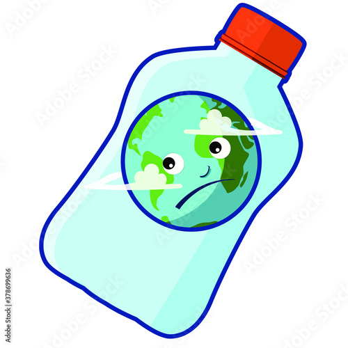 Illustrazione concettuale del pianeta Terra triste intrappolato dentro una bottiglia di plastica, simbolo dell’inquinamento ambientale e del problema globale dei rifiuti plastici.
