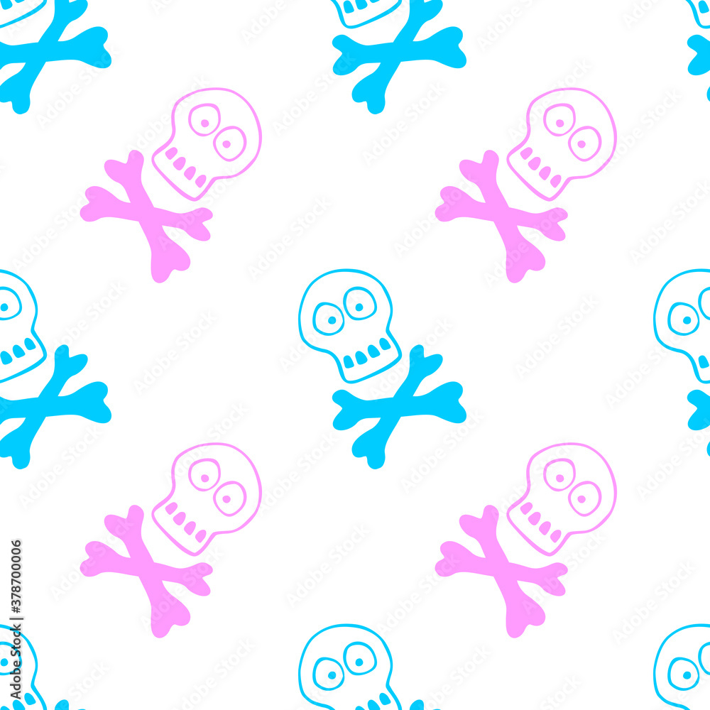 Seamless pattern with human skull and bones. Primitive cartoon style Doodle. Background and texture on theme of Halloween, danger, death, war, poison. For fabric, packaging, party, poster, banner Seamless pattern with human skull and bones. Primitive cartoon style Doodle. Background and texture on theme of Halloween, danger, death, war, poison. For fabric, packaging, party, poster, banner