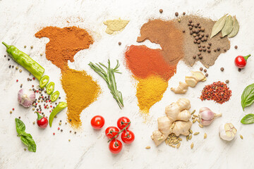 World map made of different spices on light background