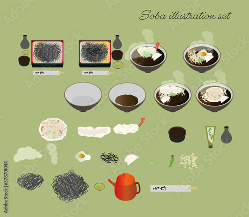 天ぷらそば、ざるそば・もり・かけ蕎麦他トッピング・具材のシンプルで可愛いイラストセット