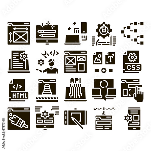 Front End Development Glyph Set Vector. Front End It Sphere, Html And Css Code, Internet Web Site Design And Painting Glyph Pictograms Black Illustrations