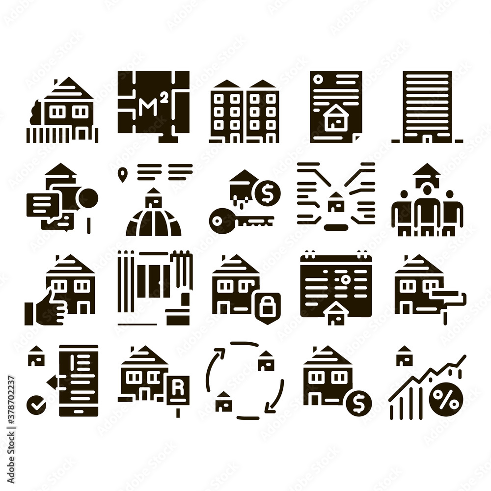 Apartment Building Glyph Set Vector. Apartment Floor Plan Architectural Project And House, Real Estate Agreement And Key Glyph Pictograms Black Illustrations