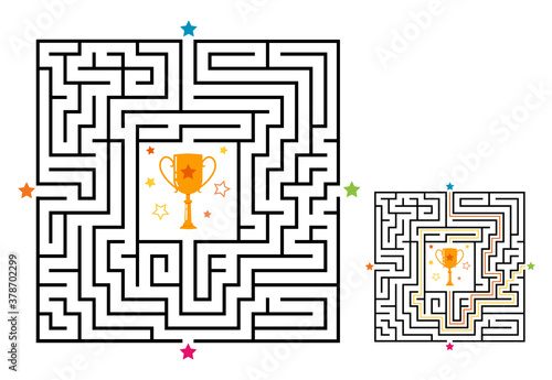 Square maze labyrinth game for kids. Labyrinth logic conundrum with winner cup. Four entrance and one right way to go. Vector flat illustration isolated on white background.