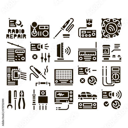 Radio Repair Service Glyph Set Vector. Radio Repair Electronic And Mechanical Equipment Soldering Iron And Ammeter Glyph Pictograms Black Illustrations