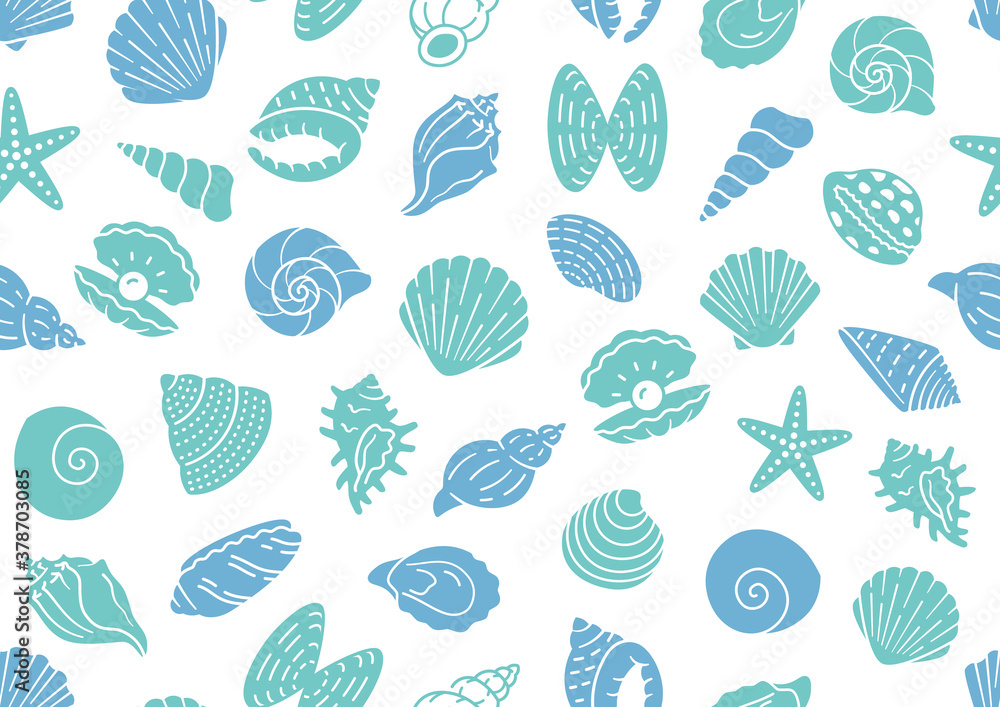 Seashell seamless pattern. Vector background included silhouette icons as ocean sea shells, scallop, starfish, clam, oyster, nautical texture for fabric. White, blue, turquoise color Seashell seamless pattern. Vector background included silhouette icons as ocean sea shells, scallop, starfish, clam, oyster, nautical texture for fabric. White, blue, turquoise color
