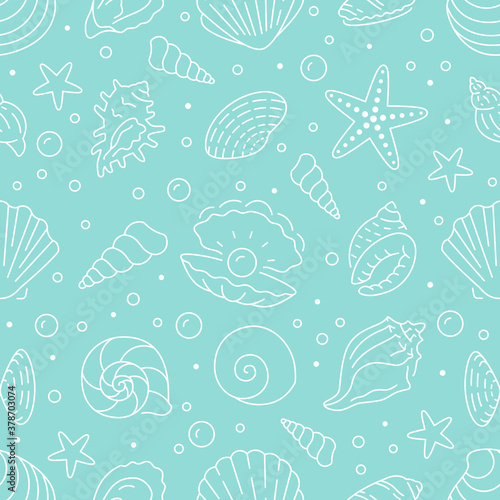 Seashell seamless pattern. Vector background included line icons as ocean sea shells, scallop, starfish, clam, oyster, nautical texture for fabric. White, blue color