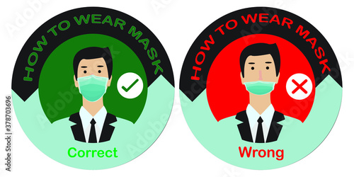 Two men showing how to wearing protective mask correctly.How to wear a face mask correct and wrong.
