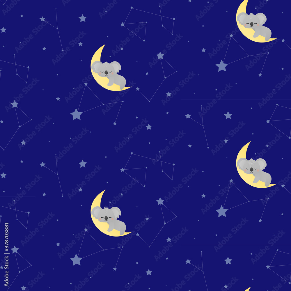 Little koala sleeping on the moon around stars childish pattern for textile,print, wrapping paper, baby shower vector illustration Little koala sleeping on the moon around stars childish pattern for textile,print, wrapping paper, baby shower vector illustration