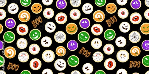 Halloween bright background. Seamless pattern for Halloween. A treat. Round baked goods