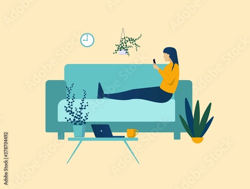 Manager puts off business project for later concept. Lazy character works with procrastination and lack discipline sitting couch during work hours. Irresponsibility destruction of set vector plans.