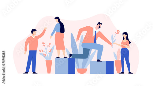 Financial active growth business illustration. Successful investment of monetary assets with great profit helping hand in banking cash flow and active cooperation in vector management.