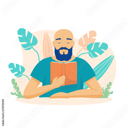 Male character is reading a book. Bald bearded man looks through science fiction in library with interest learning new knowledge discovering opportunities for self education pleasant vector leisure.