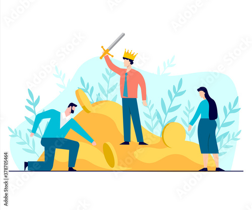 Businessman in crown with sword stands on pile gold concept. Successful character in position of winner king beside mountain flat coins next bowed employees,career wealth and vector excellence.