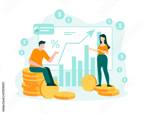 People watch stock exchange rise in stocks concept. Male and female characters look at growing flat quarterly cash flow charts marketing success and vector wealth.
