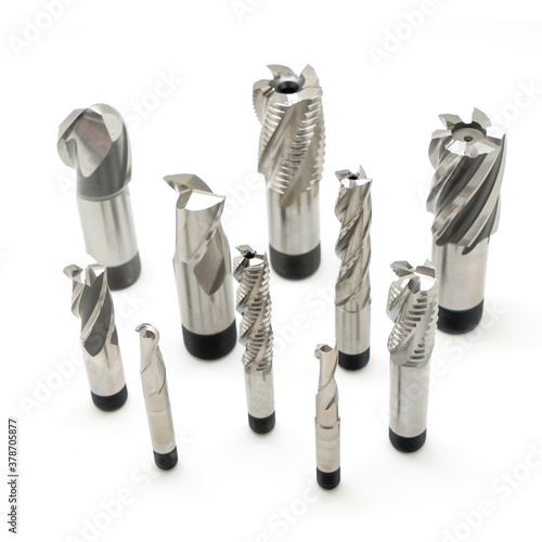 Professional cutting tools. Few metallic carbide endmills, different size used for metalwork.