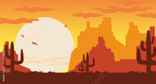 Wild west at sunset illustration. Orange silhouettes of Arizona mountains brown cactuses covered with sand dunes huge sun disc with swirling vultures vector Texas vector canyon.