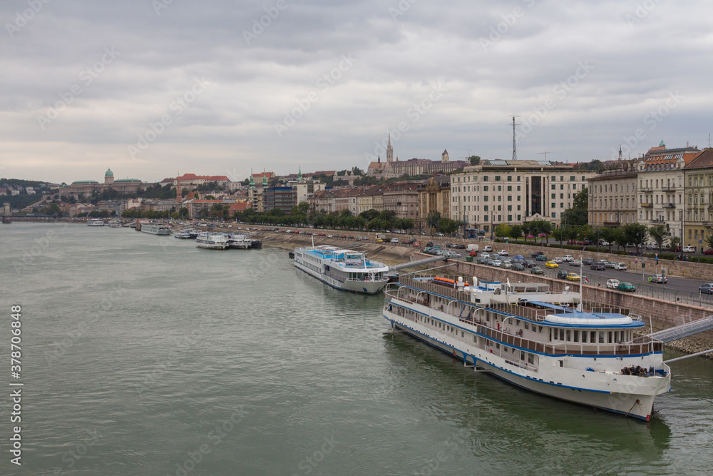 View of the Danube river embankment in Budapest at cloudy day. Hungary