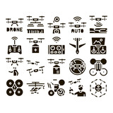 Drone Fly Quadrocopter Glyph Set Vector. Drone Remote Control And Smartphone Application, Helicopter And Air Plane Glyph Pictograms Black Illustrations