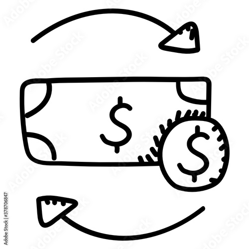 
Banknote with reversible arrows, doodle style of cashback icon
