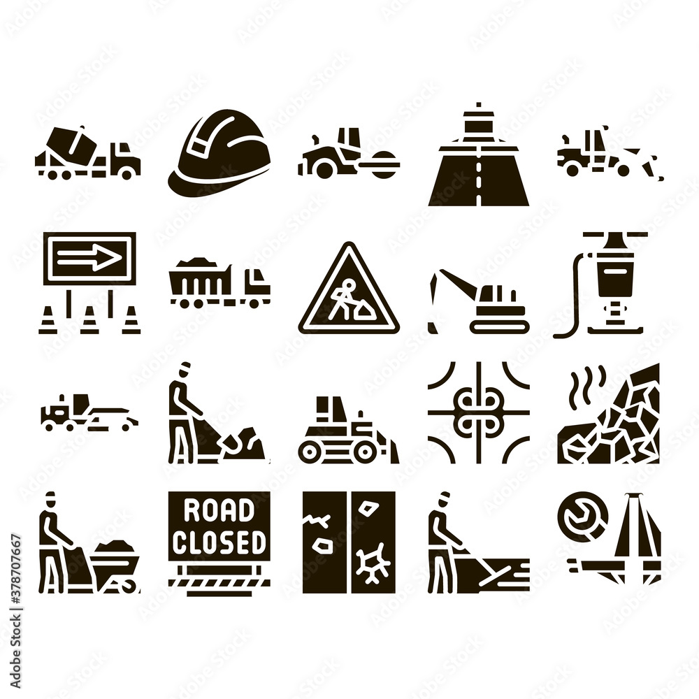 Road Repair And Construction Icons Set Vector Road Repair And