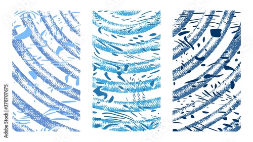 Abstract blots, artistic textures. Hand drawn vector illustration. Blue particles, chaotic brush strokes on paper, modern style paintings