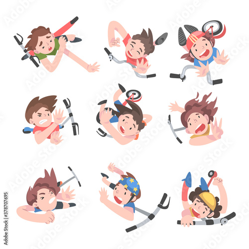Children Falling Down from Kick Scooters Set, View from Above, Traumatic Accidents, Health Risk Cartoon Style Vector Illustration