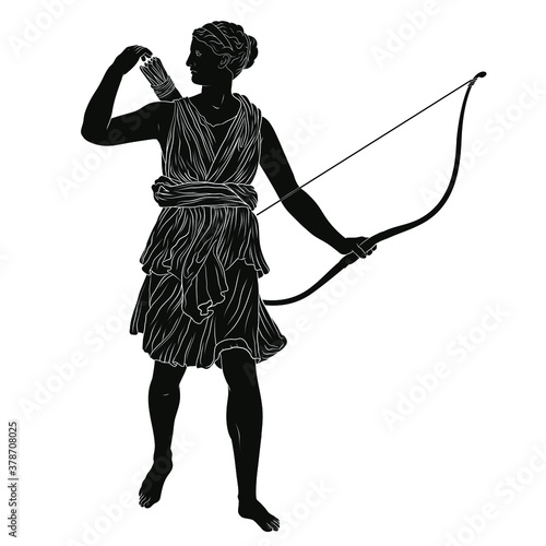 The ancient Greek goddess of the hunt Artemis with a bow and arrow in her hands.