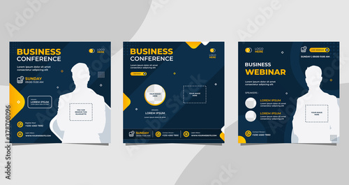 Set of social media post template for Business conference Webinar, Marketing Webinar, and other seminars. with Navy and Orange background