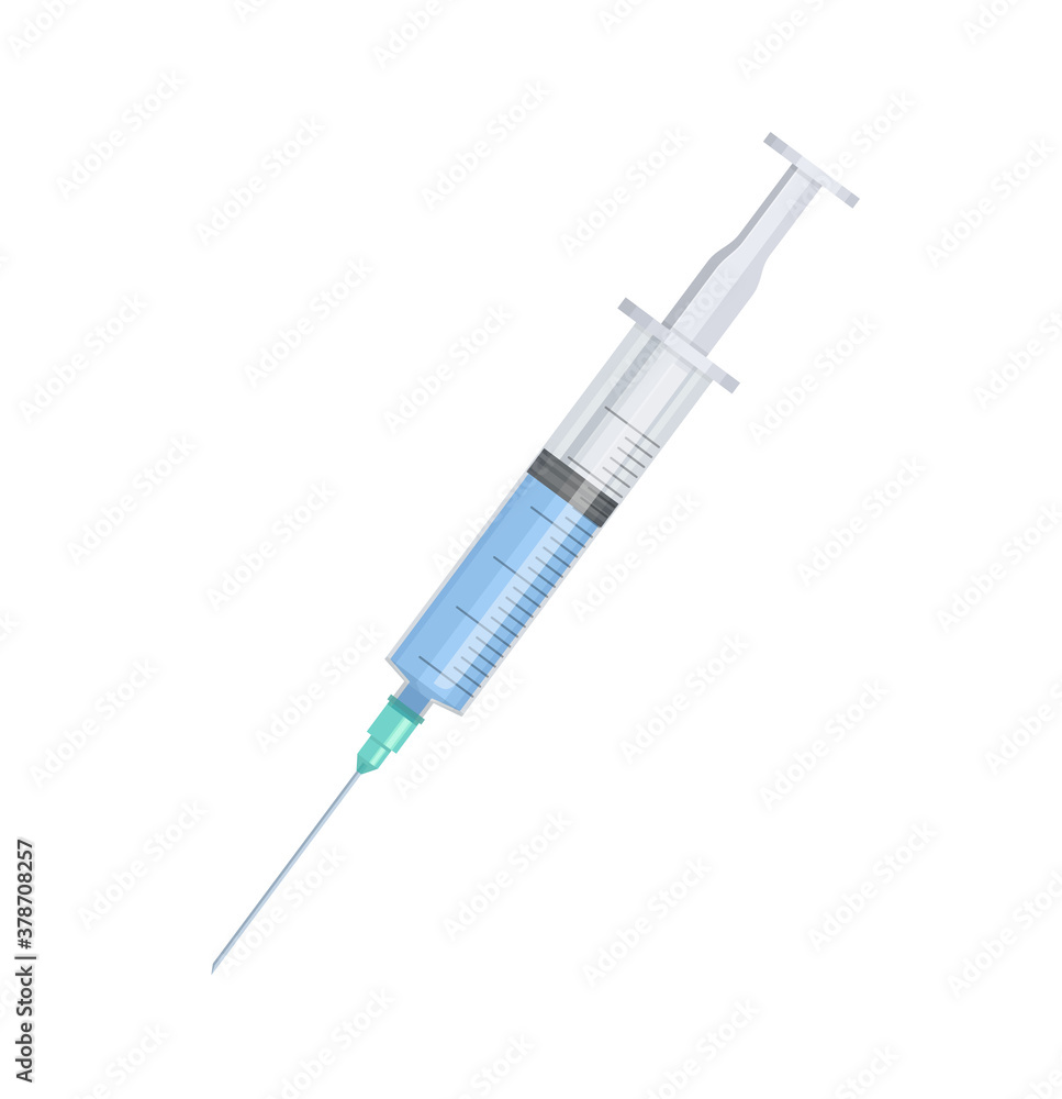 Syringe with blue liquid. Flast style Syringe with blue liquid. Flast style