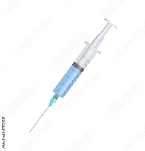 Syringe with blue liquid. Flast style