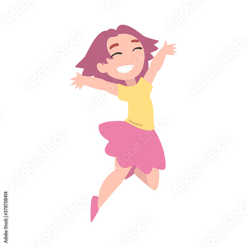 Girl Happily Jumping  Smiling Preschooler Girl in Dress Having Fun Cartoon Style Vector Illustration
