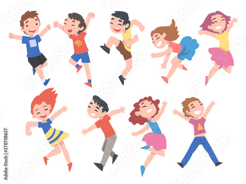 Little Kids Having Fun Set, Cute Happy Preschooler Boys and Girls Wearing Casual Clothes Happily Jumping Cartoon Style Vector Illustration