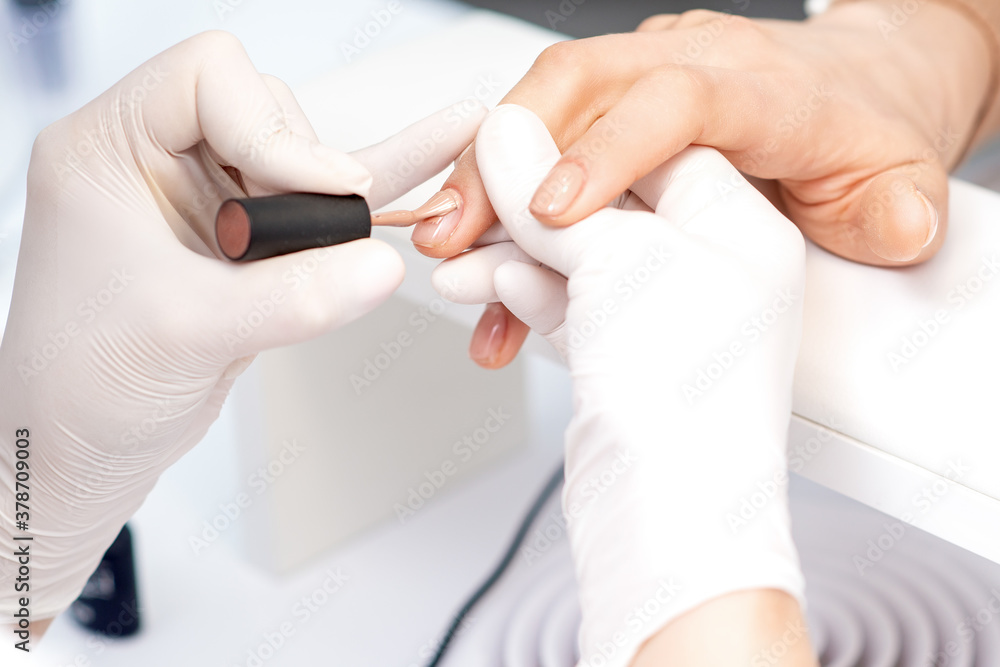 Obraz premium Manicure master in protective gloves applying beige nail polish on female nails in beauty salon
