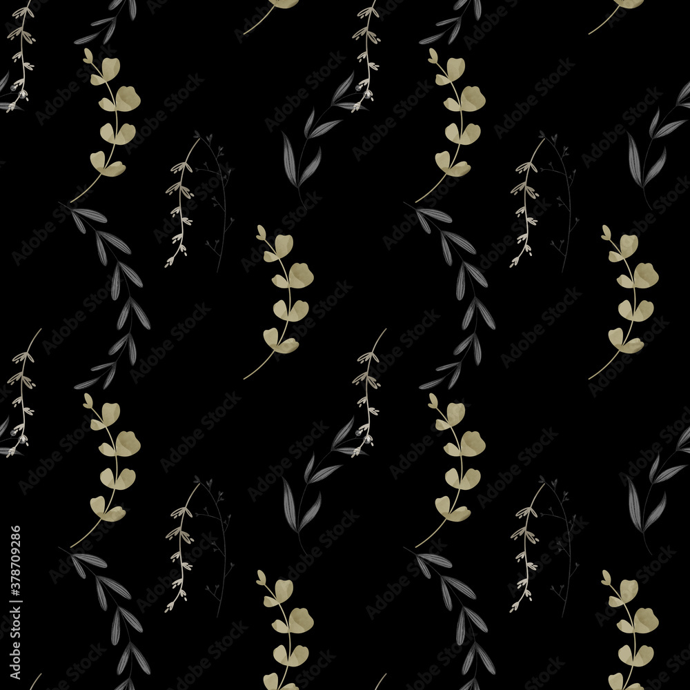 Cozy square seamless pattern autumn twigs on a black background. Textured digital sketch for pencil. Print for wrapping paper, cover, banner, postcard, fabric, textile, wallpaper.