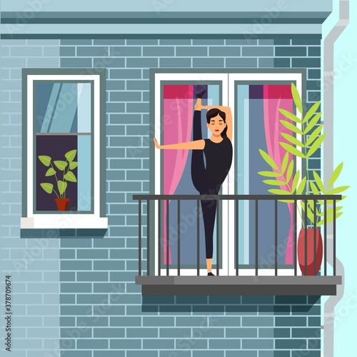 Girl doing yoga at home. Happy young woman does physical exercise on house balcony. Safe quarantine relaxing hobby vector illustration. City modern apartment view from street