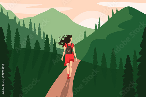 Woman walking on forest road illustration. Female character in red dress and with backpack travels through green mountainous area difficult path through life vector circumstances.